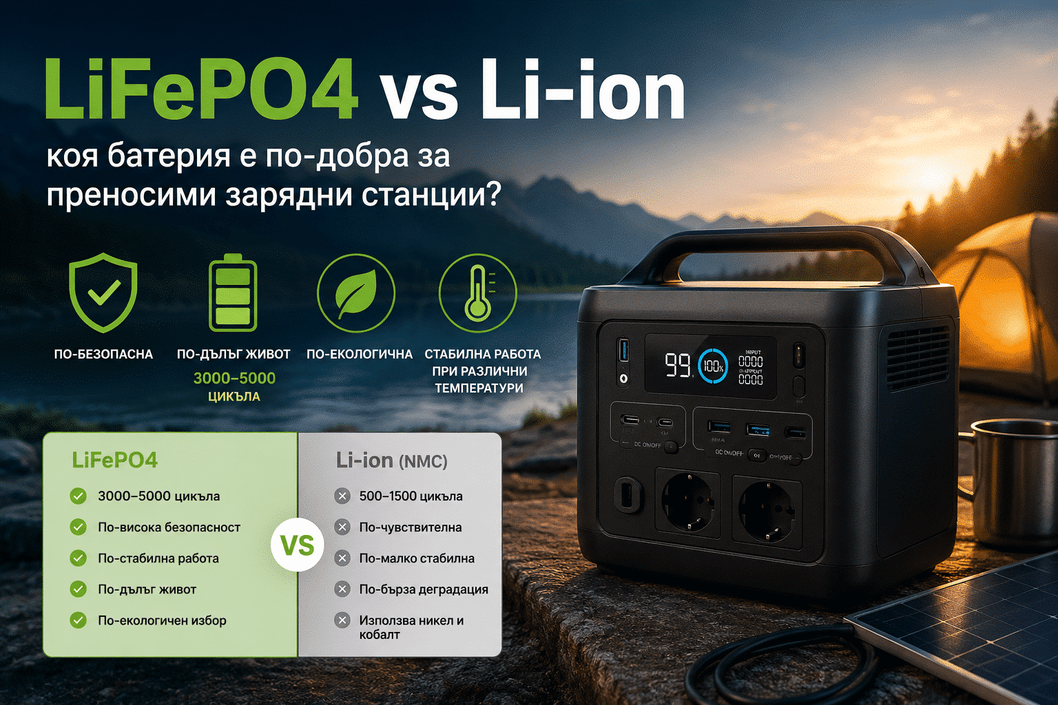LiFePO4 vs Li-ion батерии за преносими зарядни станции
